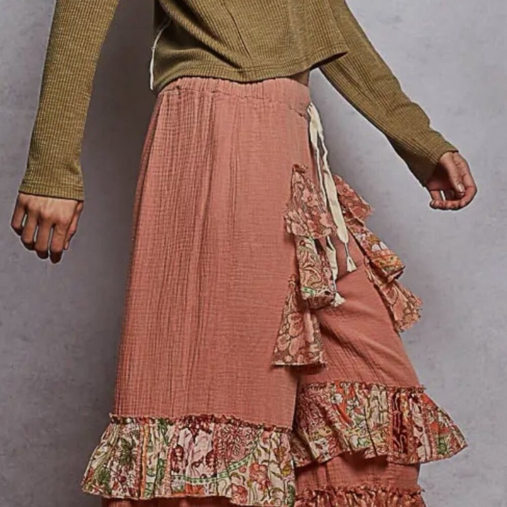 POL Flowy Wide Leg Palazzo Ruffle Salmon Pink Pants Boho Western Size L Gauze - Picture 10 of 11